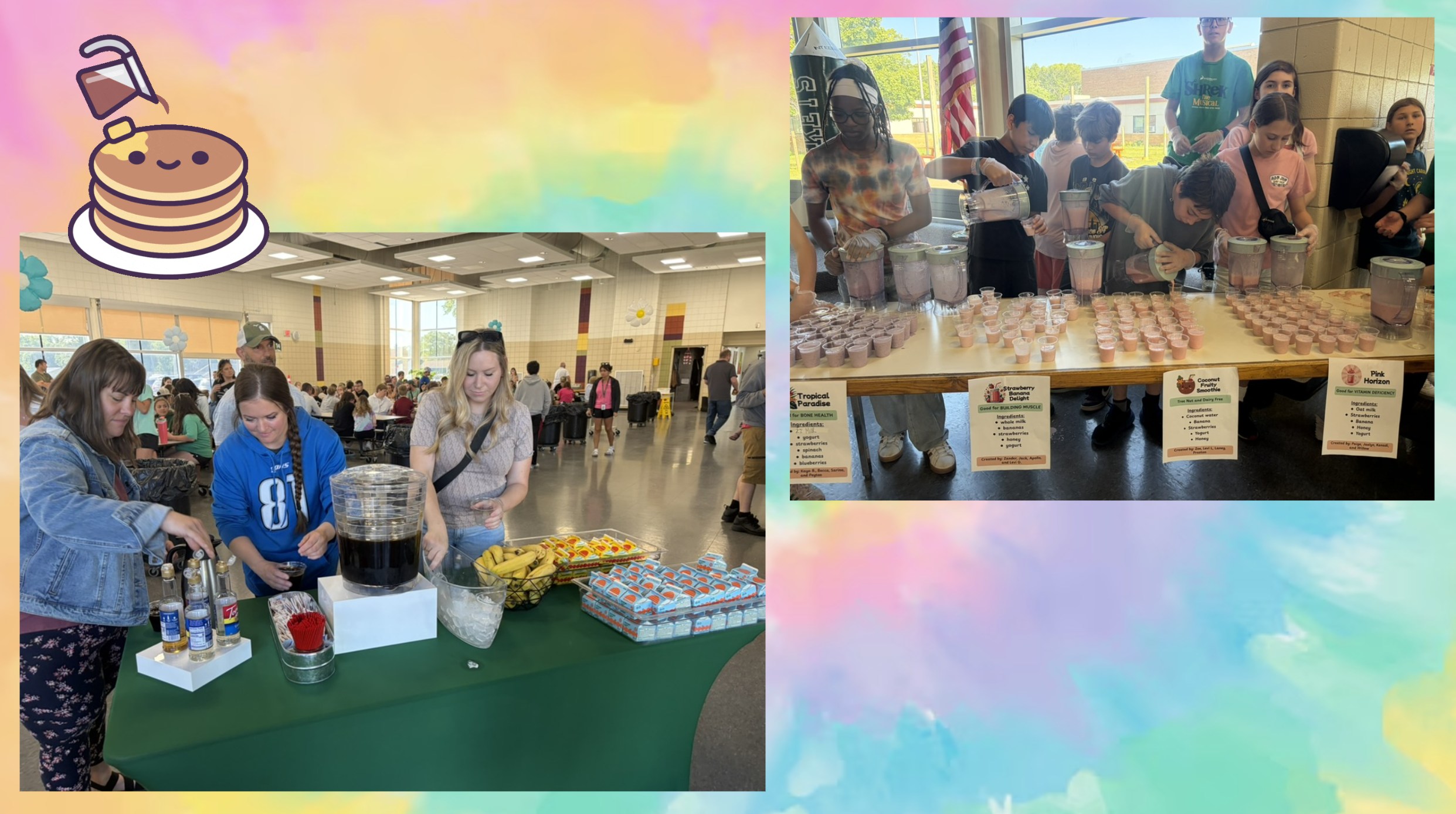 Students pouring freshly blended smoothies into sample cups at a tasting event.